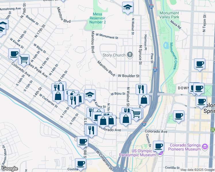 map of restaurants, bars, coffee shops, grocery stores, and more near 716 West Bijou Street in Colorado Springs