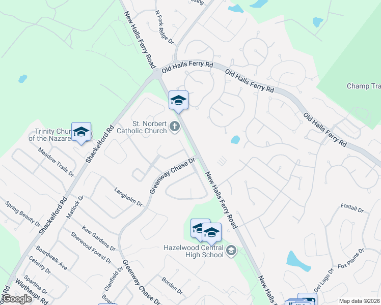 map of restaurants, bars, coffee shops, grocery stores, and more near 1424 Woodpath Drive in Florissant