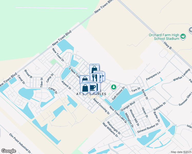 map of restaurants, bars, coffee shops, grocery stores, and more near 3601 Hempstead Street in Saint Charles