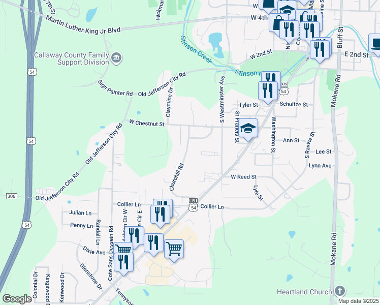 map of restaurants, bars, coffee shops, grocery stores, and more near 700 Churchill Road in Fulton