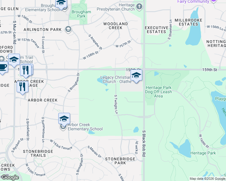 map of restaurants, bars, coffee shops, grocery stores, and more near 15455 159th Street in Olathe