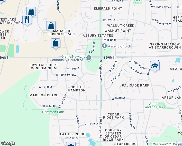 map of restaurants, bars, coffee shops, grocery stores, and more near 18420 West 160th Terrace in Olathe