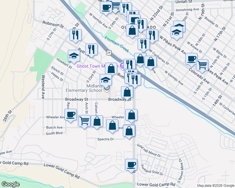 map of restaurants, bars, coffee shops, grocery stores, and more near 2161 Baltimore Circle in Colorado Springs