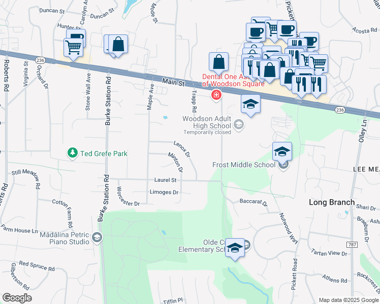 map of restaurants, bars, coffee shops, grocery stores, and more near 4145 Lenox Drive in Fairfax