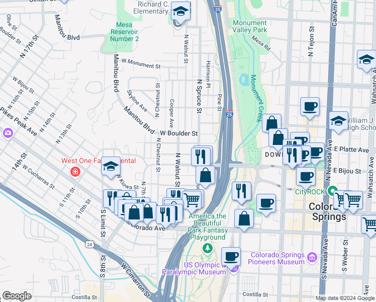 map of restaurants, bars, coffee shops, grocery stores, and more near 417 West Platte Avenue in Colorado Springs