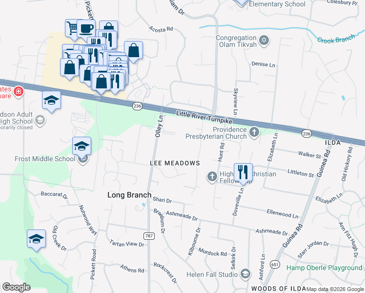 map of restaurants, bars, coffee shops, grocery stores, and more near 4023 Olley Lane in Fairfax