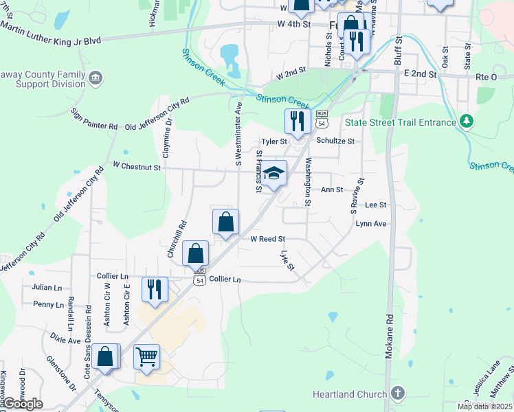 map of restaurants, bars, coffee shops, grocery stores, and more near 603 U.S. 54 Business in Fulton