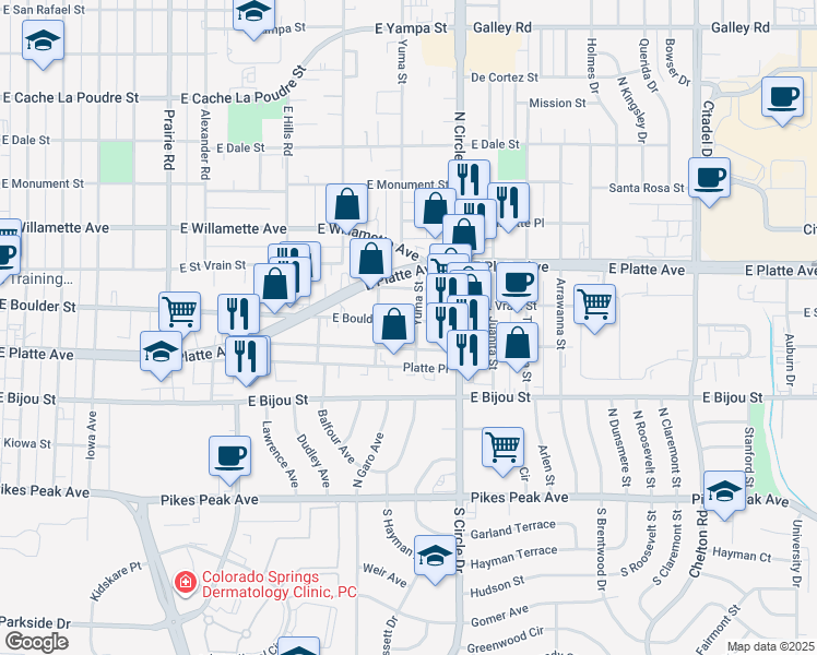 map of restaurants, bars, coffee shops, grocery stores, and more near 2625 East Boulder Street in Colorado Springs