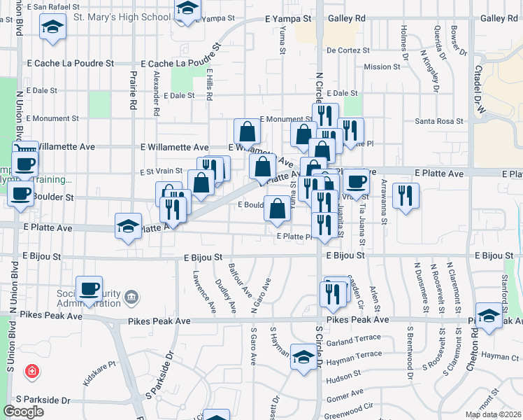 map of restaurants, bars, coffee shops, grocery stores, and more near 2543 East Boulder Street in Colorado Springs