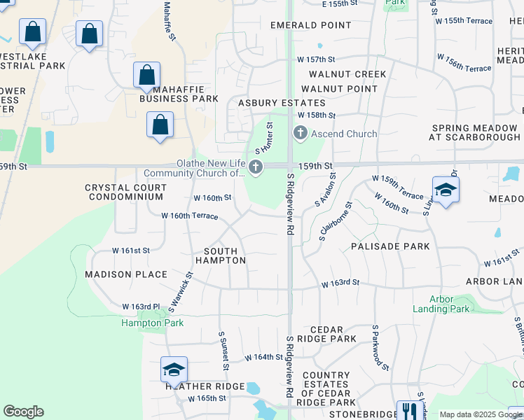 map of restaurants, bars, coffee shops, grocery stores, and more near 18420 West 160th Terrace in Olathe