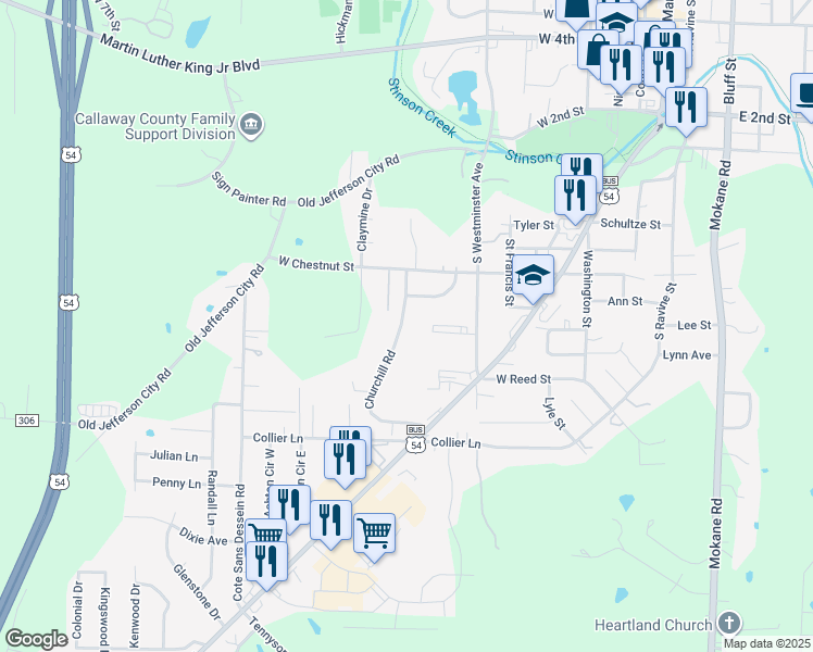 map of restaurants, bars, coffee shops, grocery stores, and more near 700 Churchill Road in Fulton