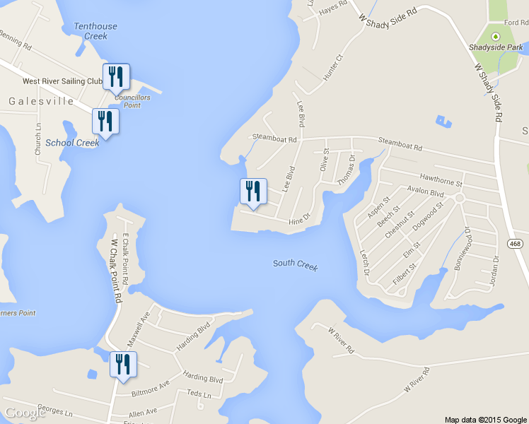 map of restaurants, bars, coffee shops, grocery stores, and more near 4946 Hine Drive in Shady Side