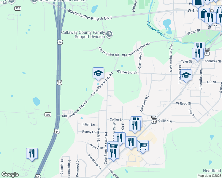 map of restaurants, bars, coffee shops, grocery stores, and more near 642 Cote Sans Dessein Road in Fulton
