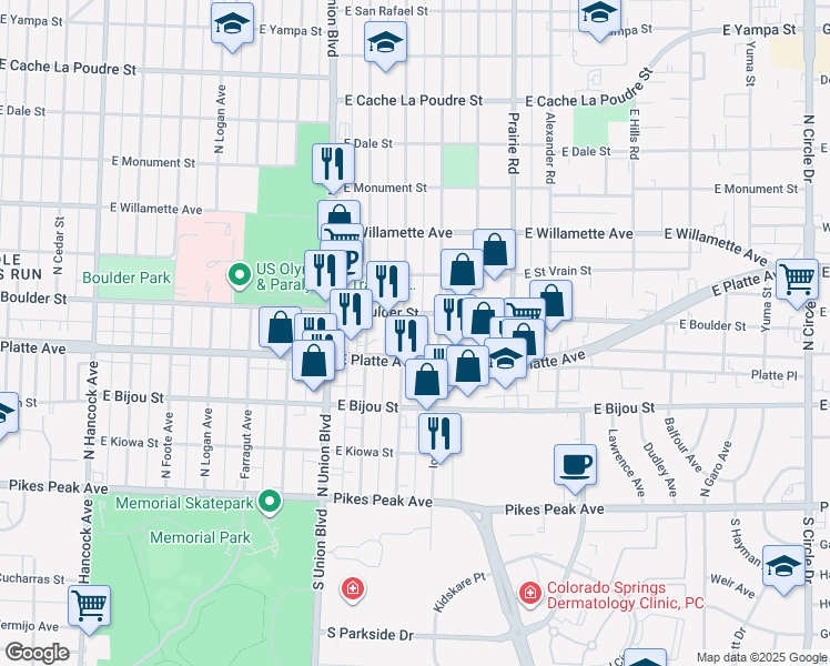 map of restaurants, bars, coffee shops, grocery stores, and more near 317 Swope Avenue in Colorado Springs