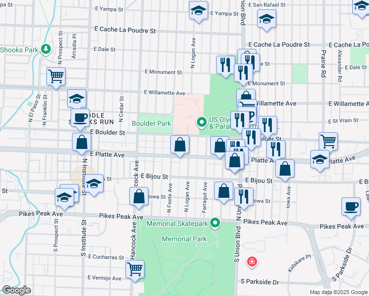 map of restaurants, bars, coffee shops, grocery stores, and more near 308 North Logan Avenue in Colorado Springs