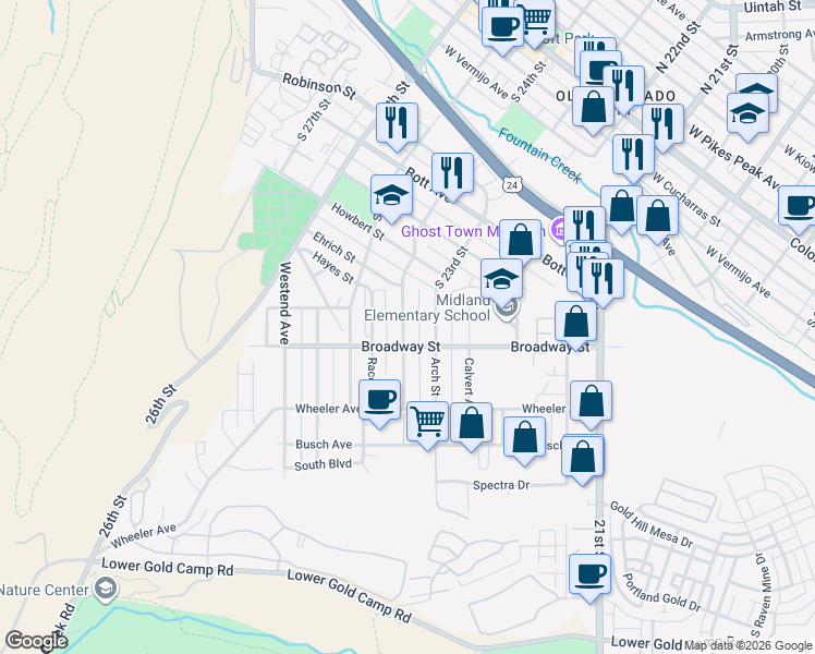 map of restaurants, bars, coffee shops, grocery stores, and more near 1035 Market Street in Colorado Springs