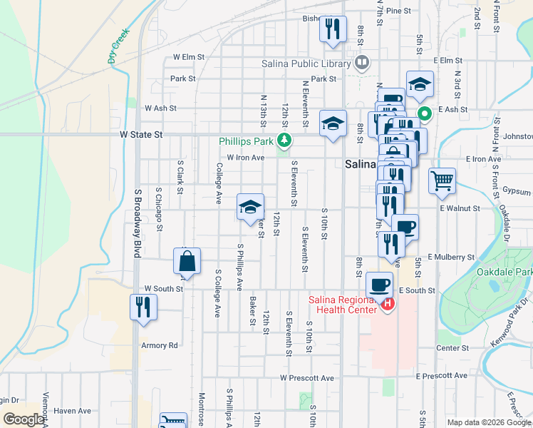 map of restaurants, bars, coffee shops, grocery stores, and more near 705 West Walnut Street in Salina