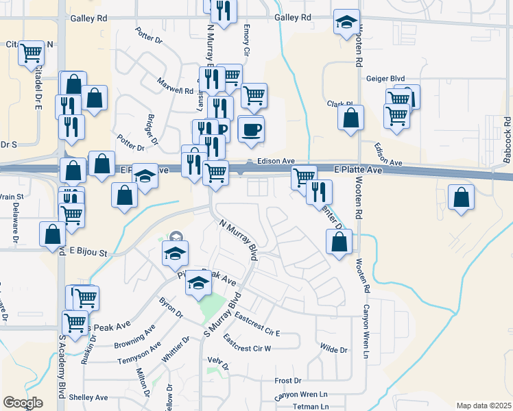 map of restaurants, bars, coffee shops, grocery stores, and more near 445 Lionstone Drive in Colorado Springs