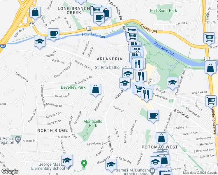 map of restaurants, bars, coffee shops, grocery stores, and more near 315 Kentucky Avenue in Alexandria