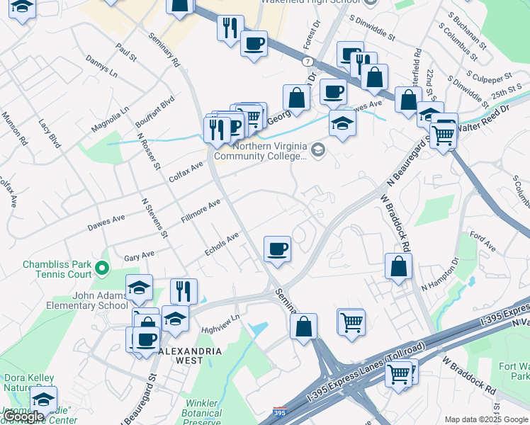 map of restaurants, bars, coffee shops, grocery stores, and more near 5131 Echols Avenue in Alexandria