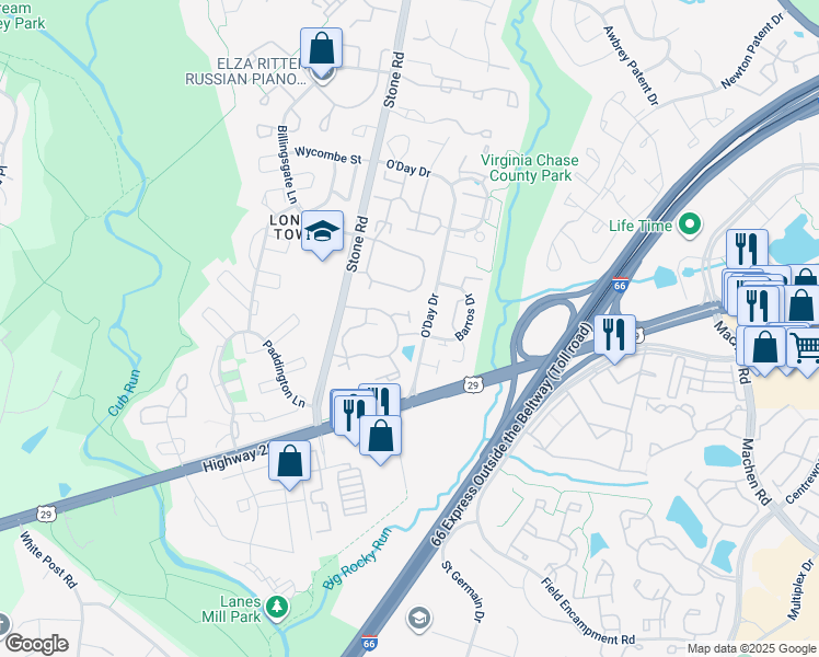 map of restaurants, bars, coffee shops, grocery stores, and more near 14600 Rainy Spring Lane in Centreville