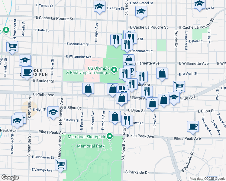 map of restaurants, bars, coffee shops, grocery stores, and more near 316 North Meade Avenue in Colorado Springs