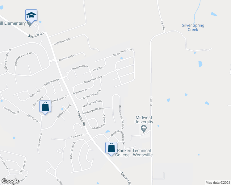 map of restaurants, bars, coffee shops, grocery stores, and more near 442 Honeysuckle Creek Drive in Wentzville