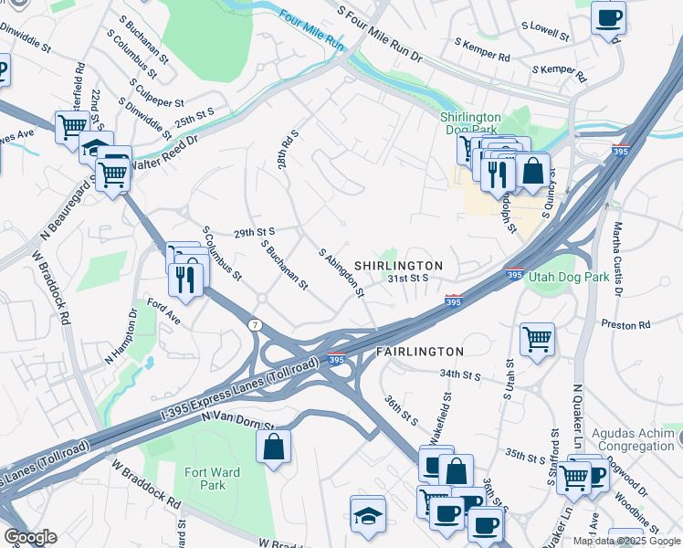 map of restaurants, bars, coffee shops, grocery stores, and more near 3068 South Abingdon Street in Arlington