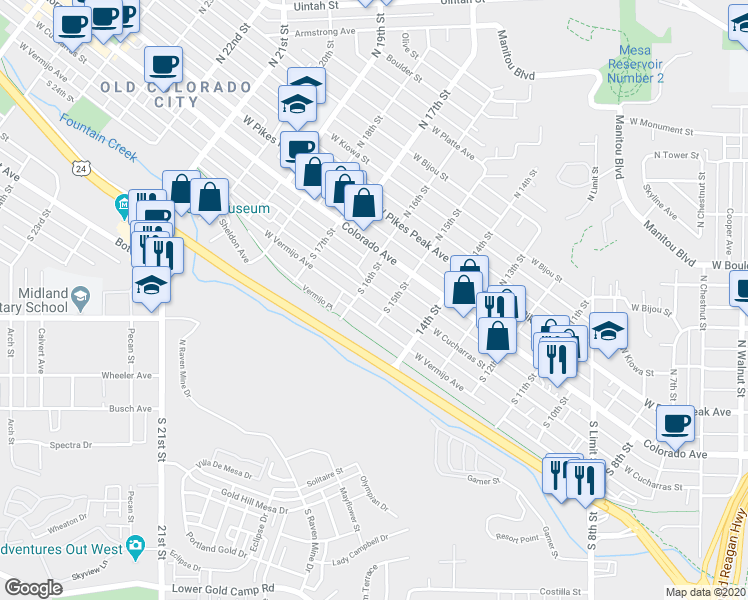 map of restaurants, bars, coffee shops, grocery stores, and more near 1513 West Cucharras Street in Colorado Springs