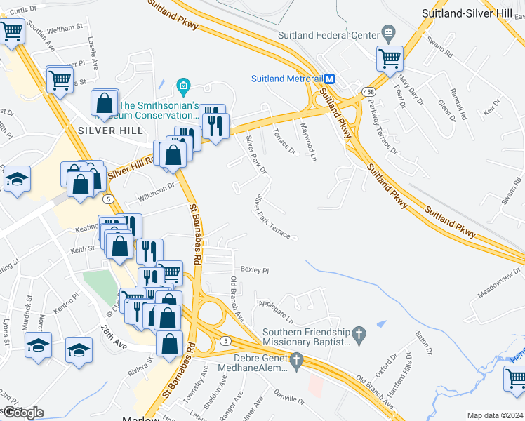 map of restaurants, bars, coffee shops, grocery stores, and more near 4074 Silver Park Terrace in Suitland-Silver Hill