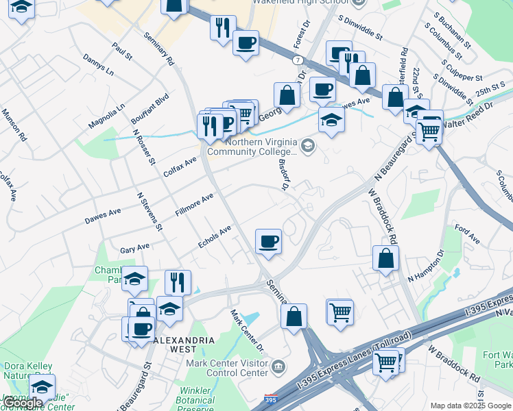 map of restaurants, bars, coffee shops, grocery stores, and more near 5131 Echols Avenue in Alexandria
