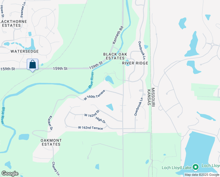 map of restaurants, bars, coffee shops, grocery stores, and more near 2476 West 160th Terrace in Stilwell