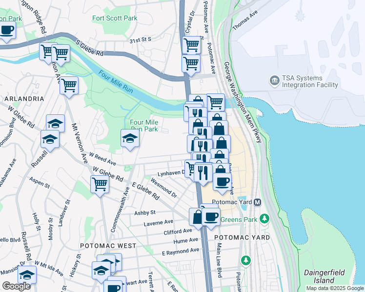 map of restaurants, bars, coffee shops, grocery stores, and more near 200 Luna Park Drive in Alexandria