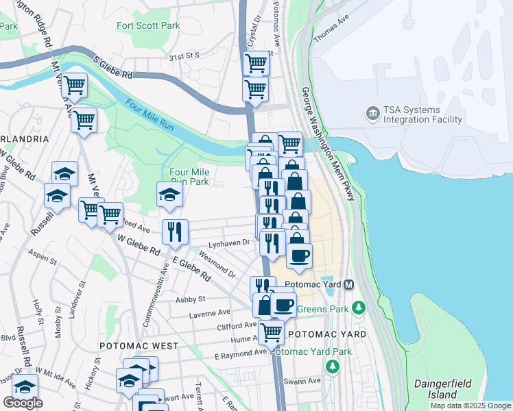 map of restaurants, bars, coffee shops, grocery stores, and more near 3670 Richmond Highway in Alexandria