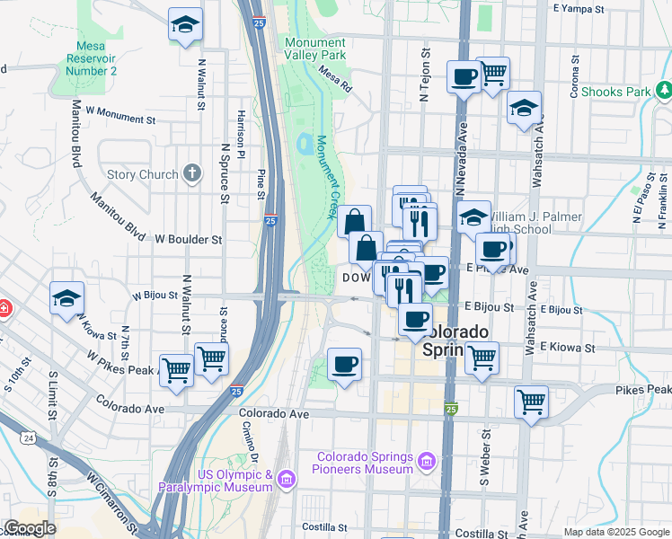 map of restaurants, bars, coffee shops, grocery stores, and more near 8 Westview Place in Colorado Springs