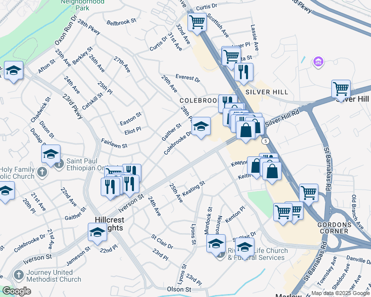 map of restaurants, bars, coffee shops, grocery stores, and more near 3846 26th Avenue in Temple Hills