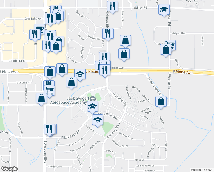 map of restaurants, bars, coffee shops, grocery stores, and more near 400 North Murray Boulevard in Colorado Springs