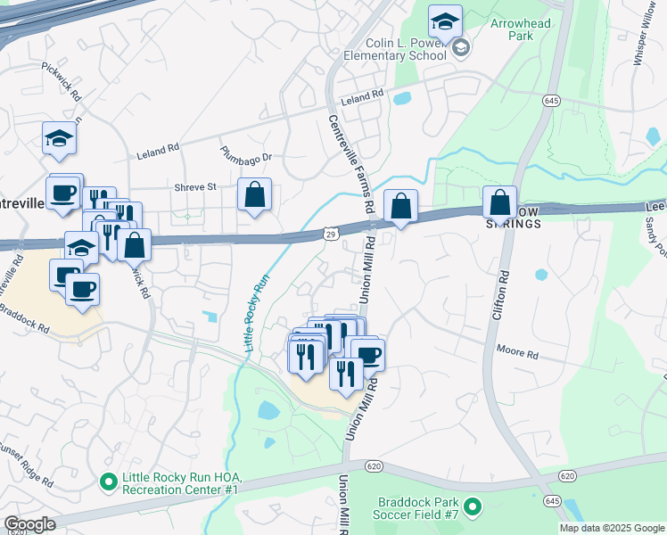 map of restaurants, bars, coffee shops, grocery stores, and more near 13502 Gray Bill Court in Clifton