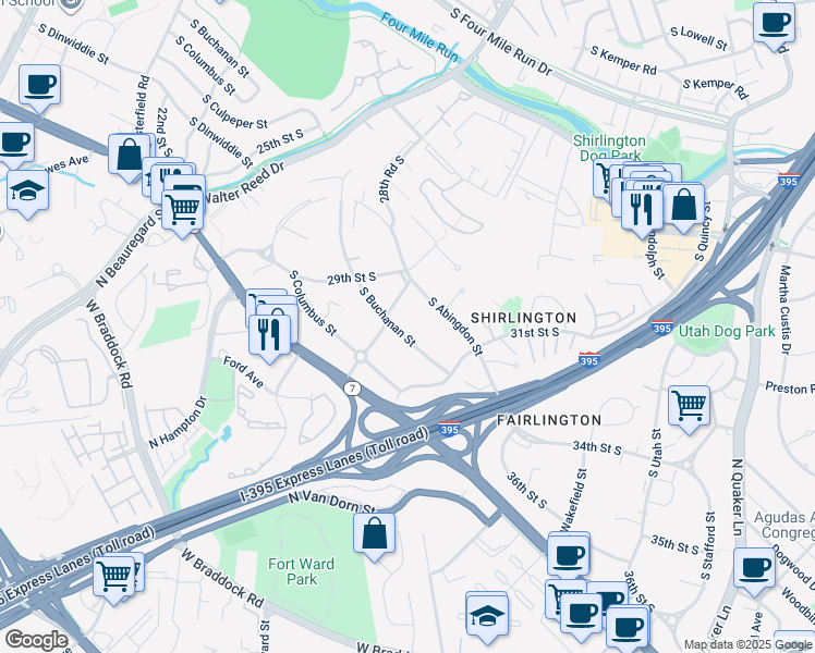map of restaurants, bars, coffee shops, grocery stores, and more near 3019 South Buchanan Street in Arlington