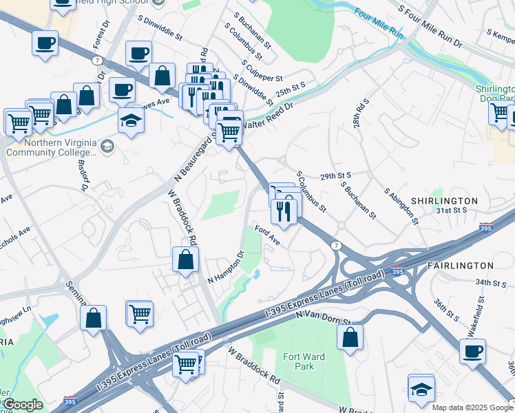 map of restaurants, bars, coffee shops, grocery stores, and more near 3101 North Hampton Drive in Alexandria