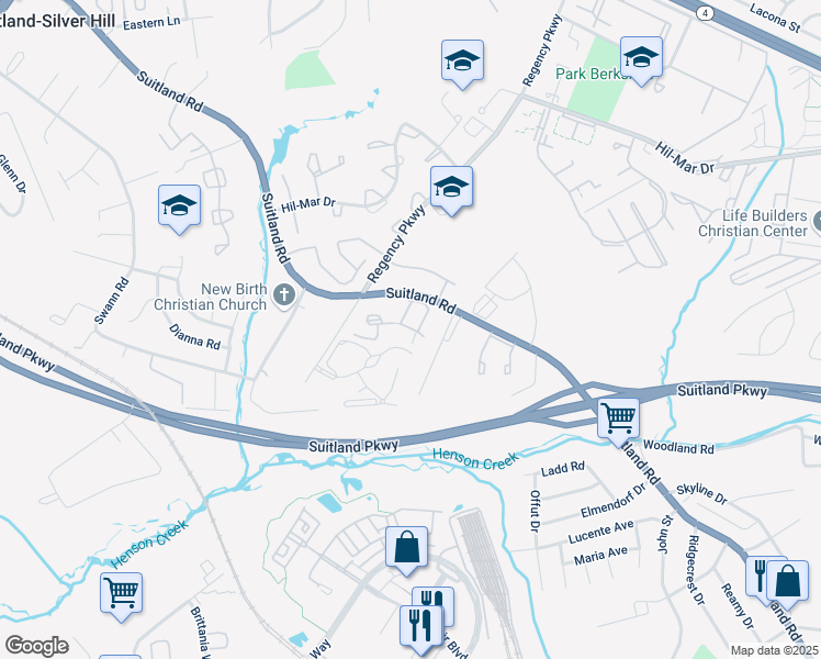 map of restaurants, bars, coffee shops, grocery stores, and more near 5621 Regency Park Court in Hillcrest Heights