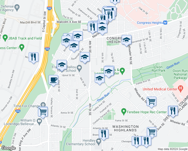 map of restaurants, bars, coffee shops, grocery stores, and more near 415 Woodcrest Drive Southeast in Washington