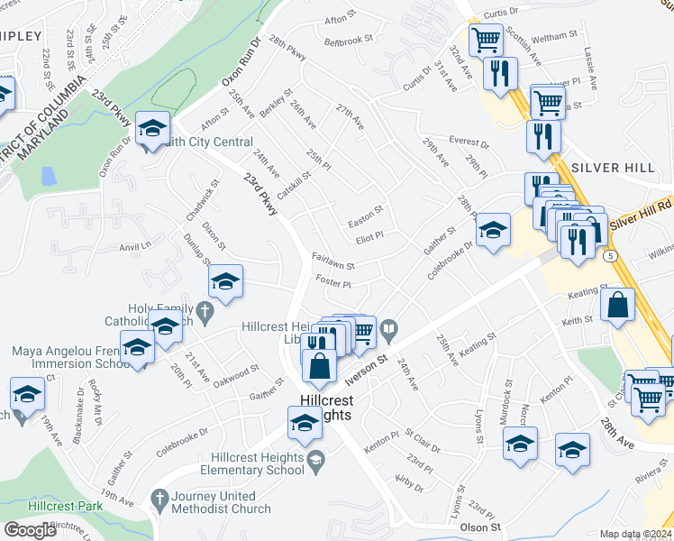 map of restaurants, bars, coffee shops, grocery stores, and more near 2401 Fairlawn Street in Temple Hills