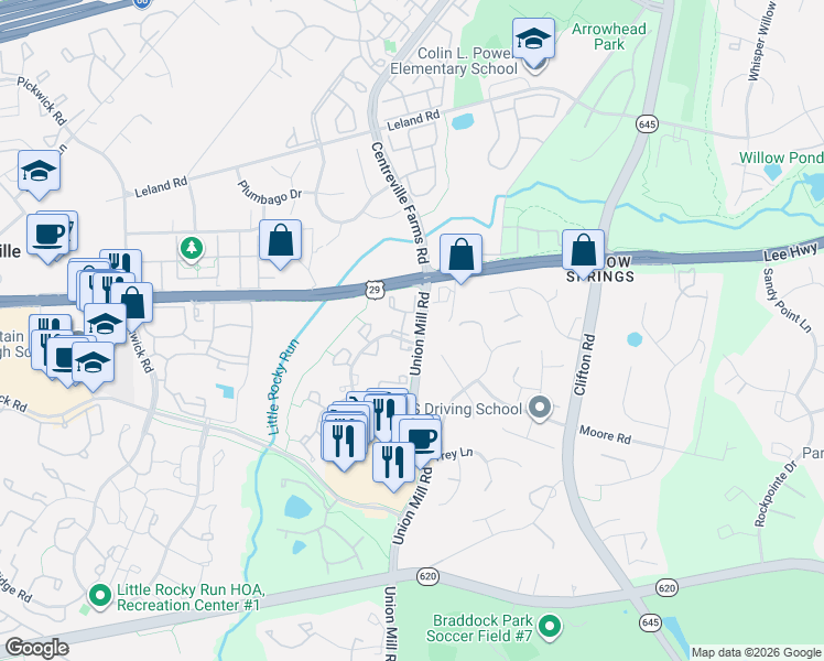 map of restaurants, bars, coffee shops, grocery stores, and more near 13500 Covey Ln in Clifton