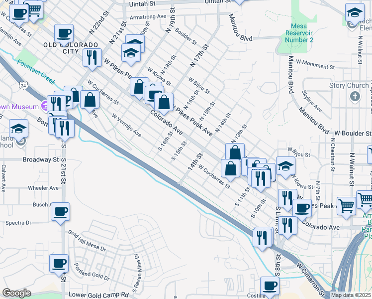 map of restaurants, bars, coffee shops, grocery stores, and more near 115 South 15th Street in Colorado Springs
