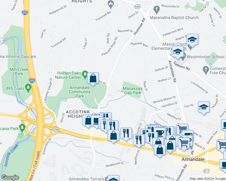 map of restaurants, bars, coffee shops, grocery stores, and more near 7533 Royce Court in Annandale