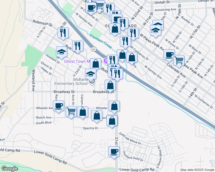 map of restaurants, bars, coffee shops, grocery stores, and more near 2197 Baltimore Circle in Colorado Springs