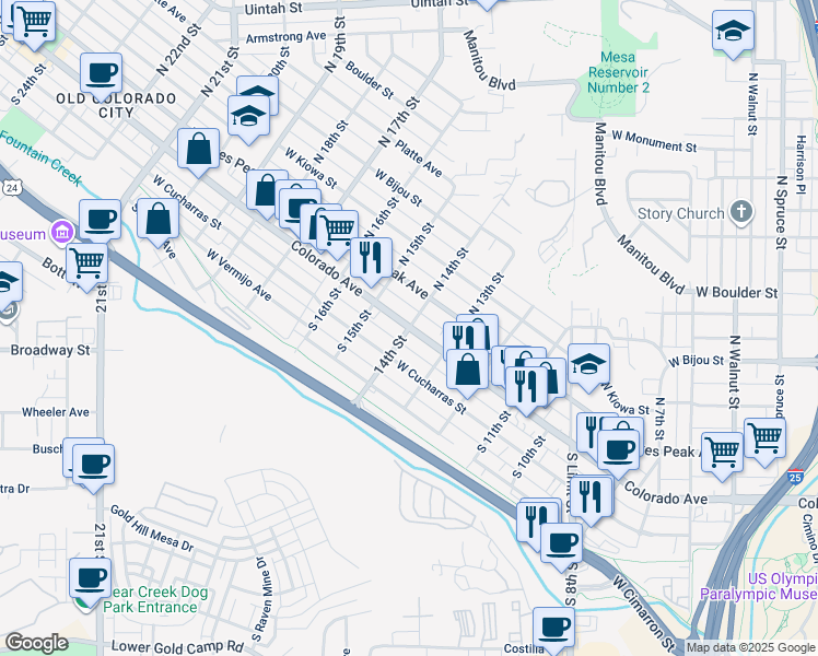 map of restaurants, bars, coffee shops, grocery stores, and more near 103 South 14th Street in Colorado Springs