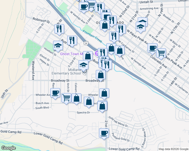 map of restaurants, bars, coffee shops, grocery stores, and more near 2171 Baltimore Circle in Colorado Springs