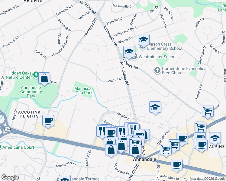 map of restaurants, bars, coffee shops, grocery stores, and more near 3916 Keith Place in Annandale